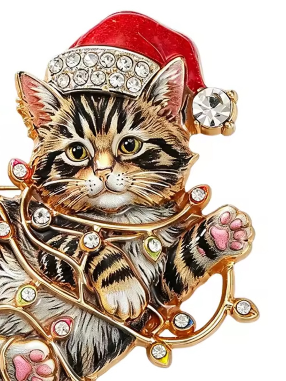 Christmas Tabby Cat Santa Festive Gold Brooch - Picture 5 of 8